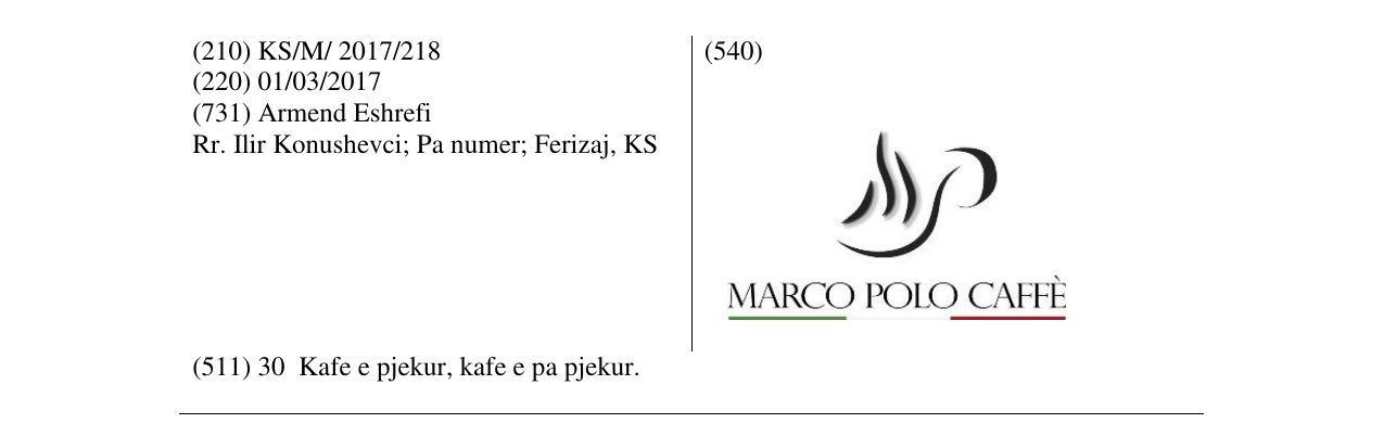 Zëri i markës MARCO POLO CAFFE në buletin