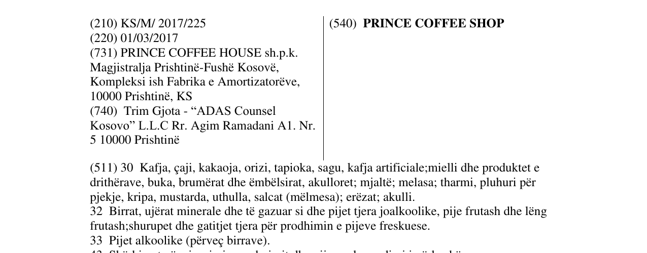 Zëri i markës PRINCE COFFEE SHOP në buletin