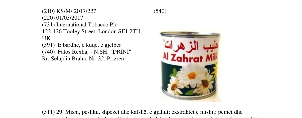 Zëri i markës AL Zahrat Milk në buletin