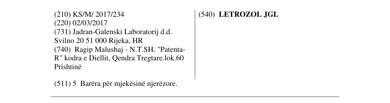 Zëri i markës LETROZOL JGL në buletin