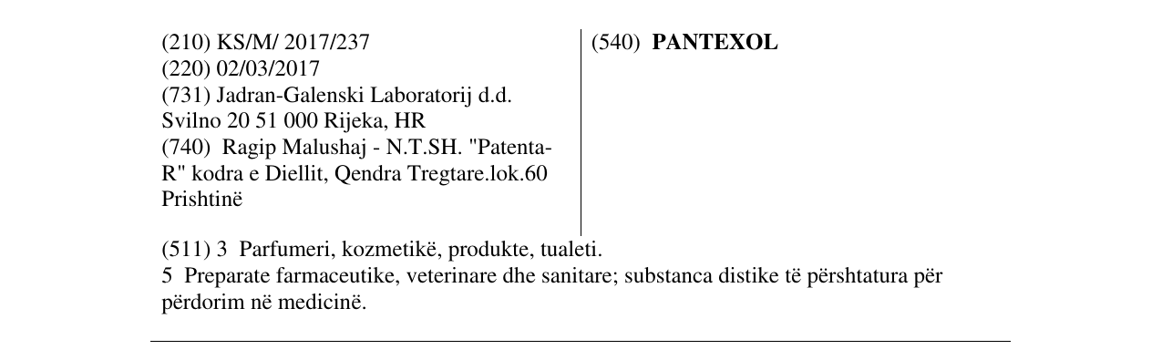 Zëri i markës PANTEXOL në buletin