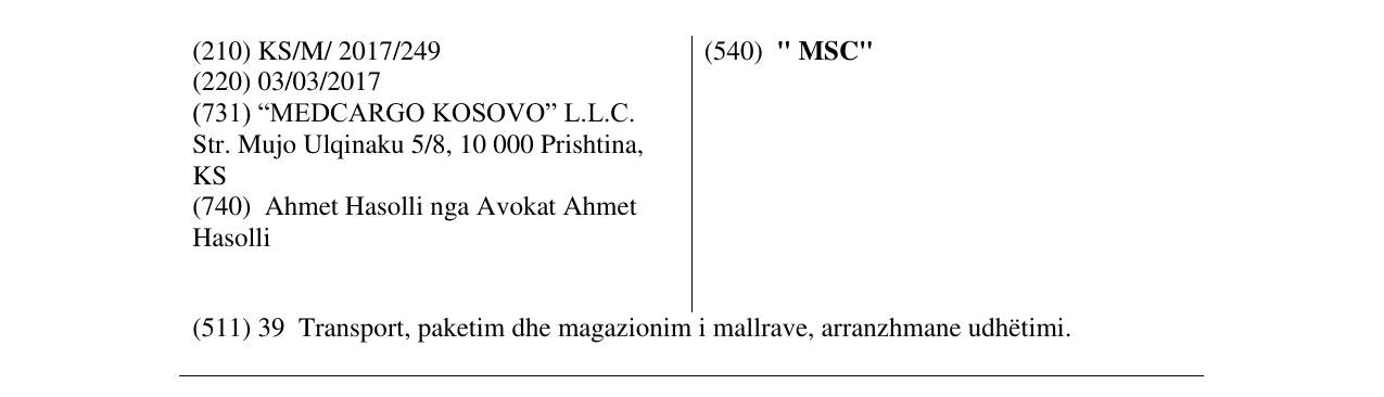 Zëri i markës " MSC" në buletin