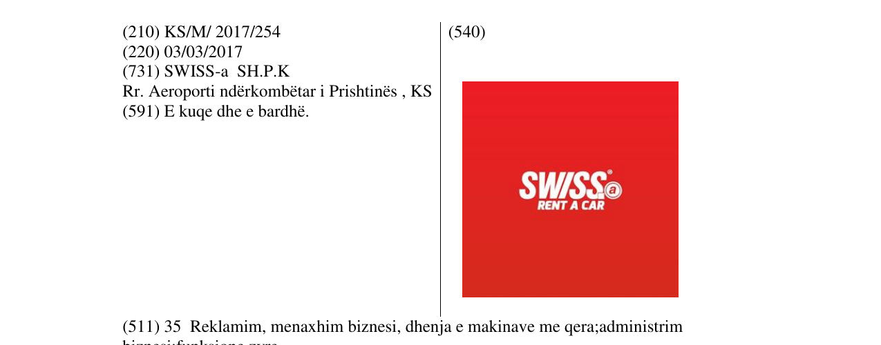 Zëri i markës SWISS a RENT A CAR në buletin