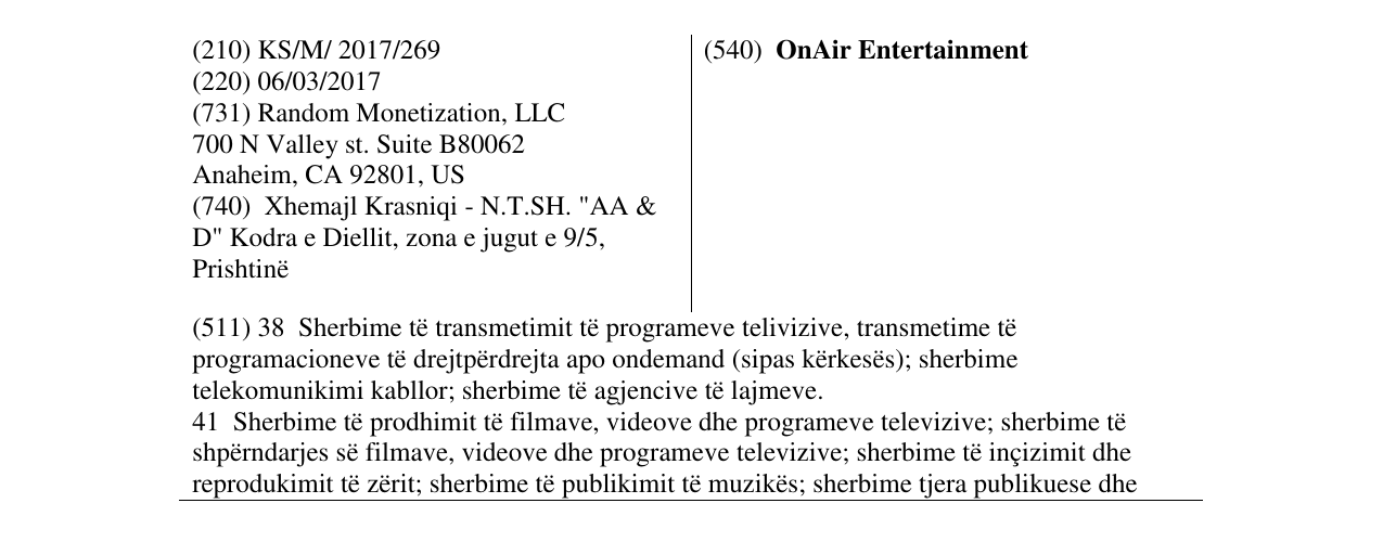 Zëri i markës OnAir Entertainment në buletin