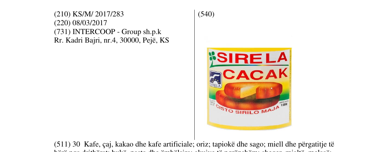 Zëri i markës SIRELA CACAK në buletin