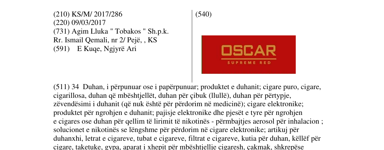 Zëri i markës OSCAR SUPREME RED në buletin
