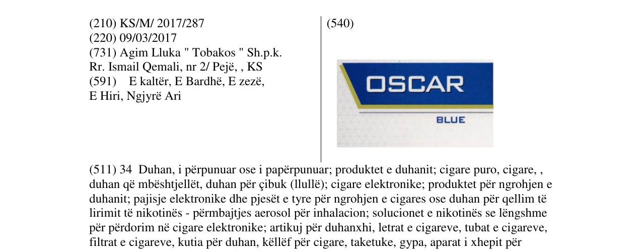 Zëri i markës OSCAR BLUE në buletin