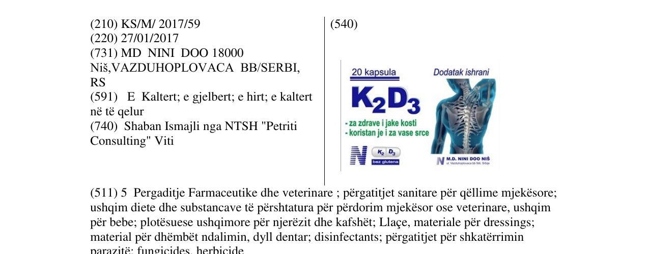 Zëri i markës 20 kapsula K2D3 në buletin