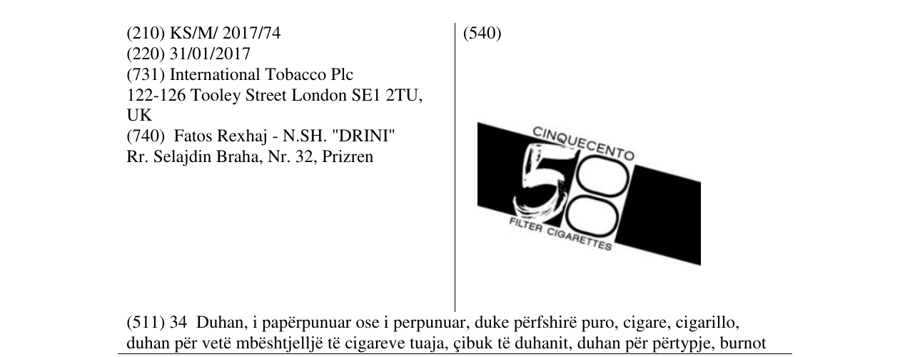 Zëri i markës CINQUECENTO 58 në buletin