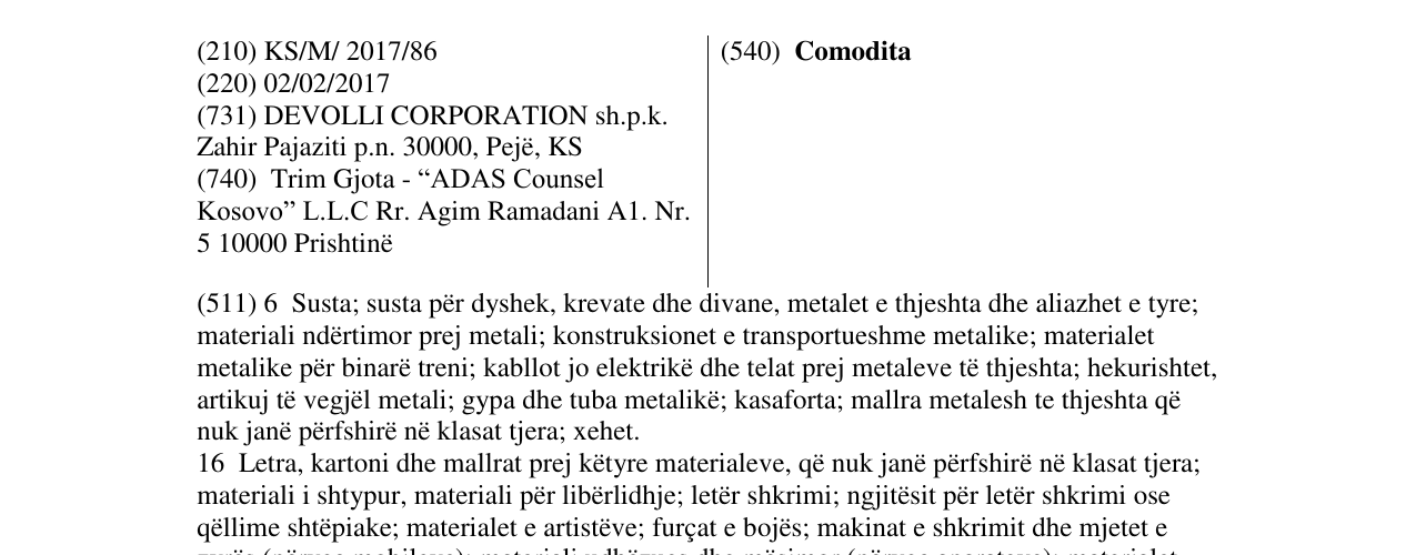 Zëri i markës Comodita në buletin