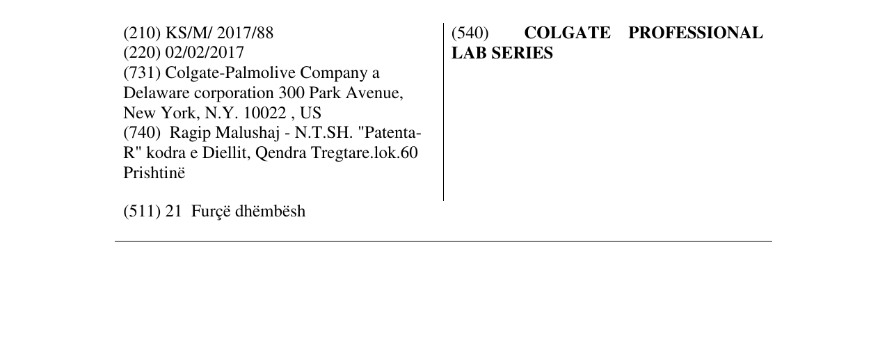 Zëri i markës COLGATE PROFESSIONAL LAB SERIES në buletin