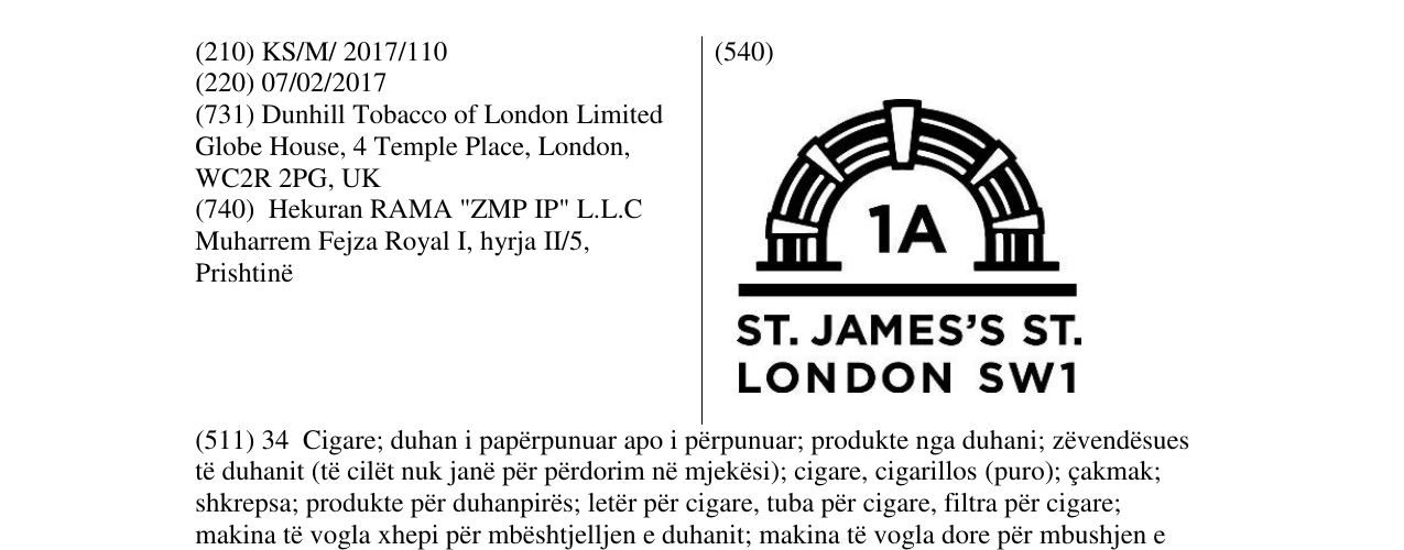 Zëri i markës 1A ST.JAMES'S ST. LONDON SW1 në buletin