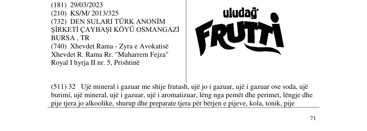 Zëri i markës uludag FRUTTI në buletin