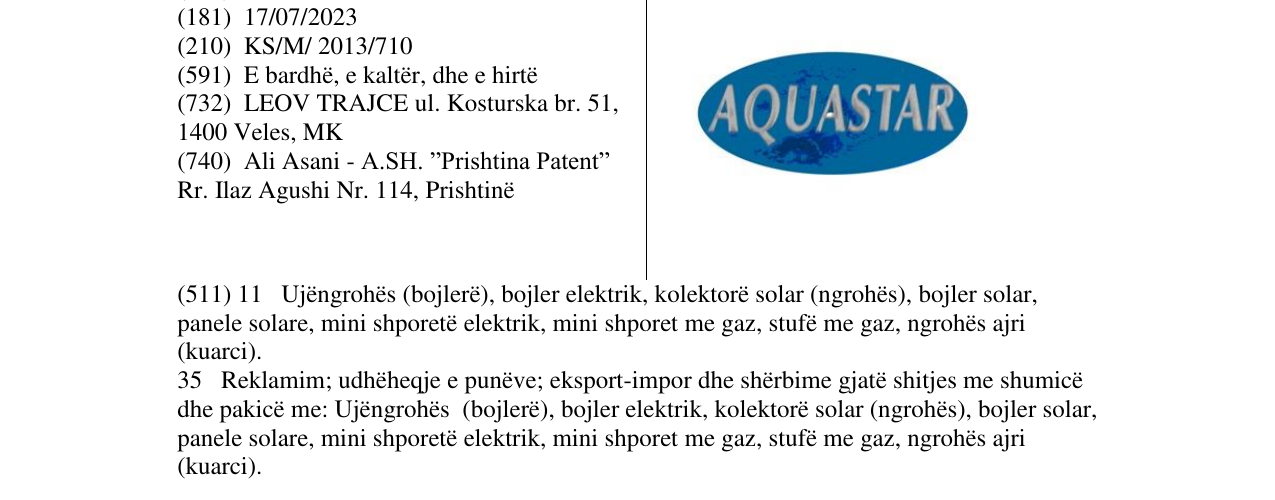 Zëri i markës AQUASTAR në buletin