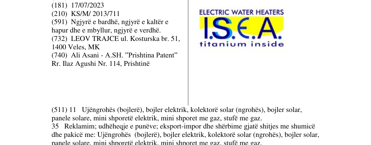 Zëri i markës I.S.E.A. titanium inside në buletin
