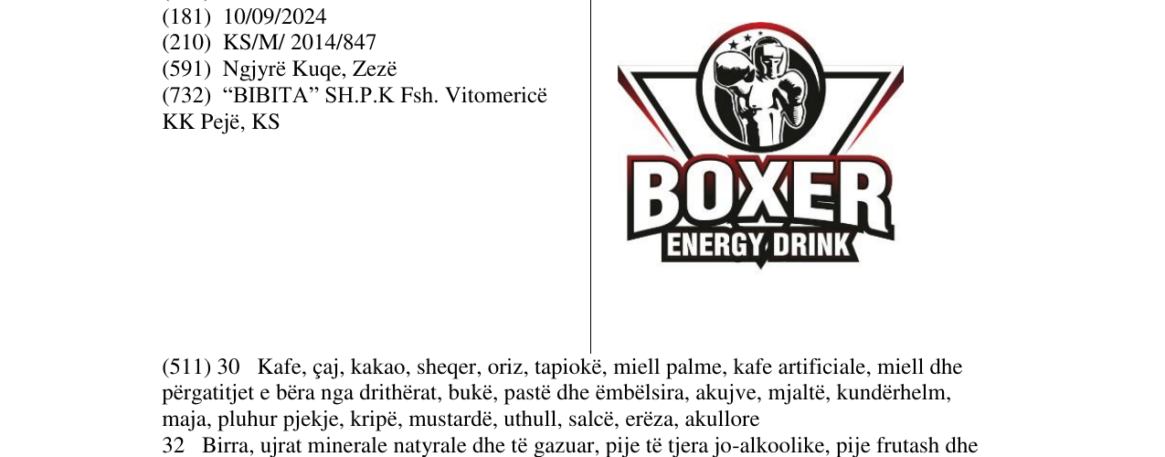Zëri i markës BOXER ENERGY DRINK në buletin