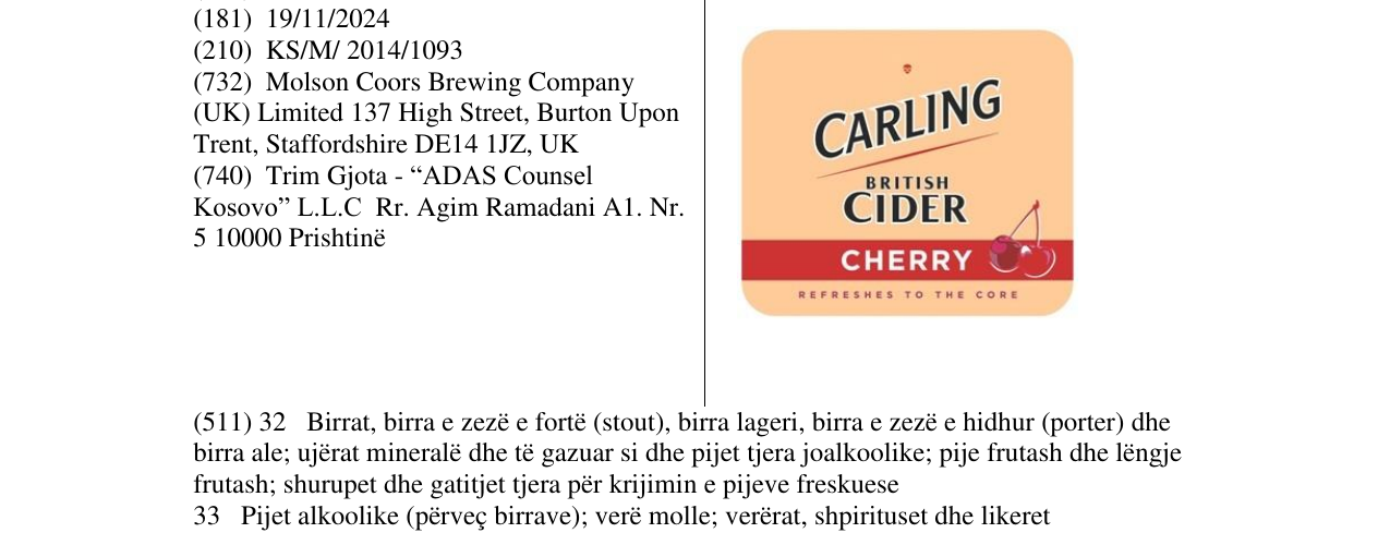 Zëri i markës CARLING BRITISH në buletin