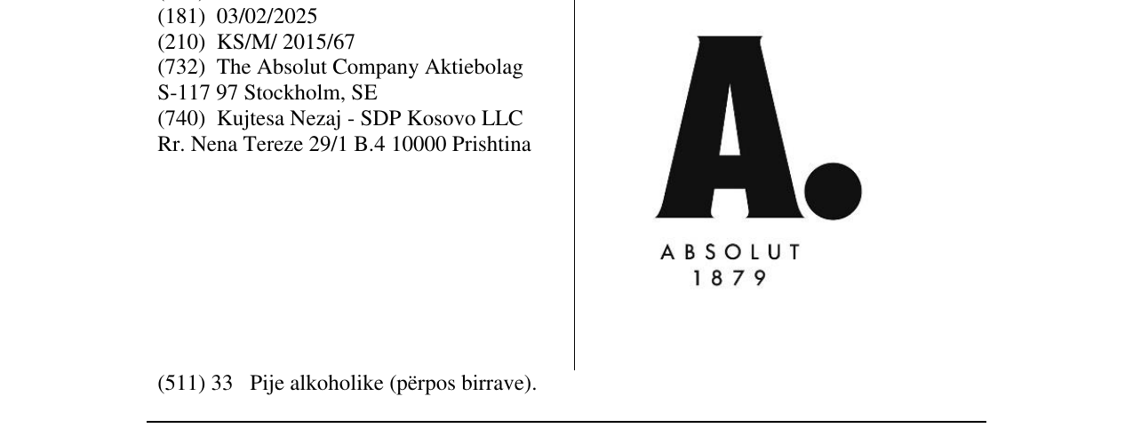 Zëri i markës A ABSOLUT 1879 në buletin