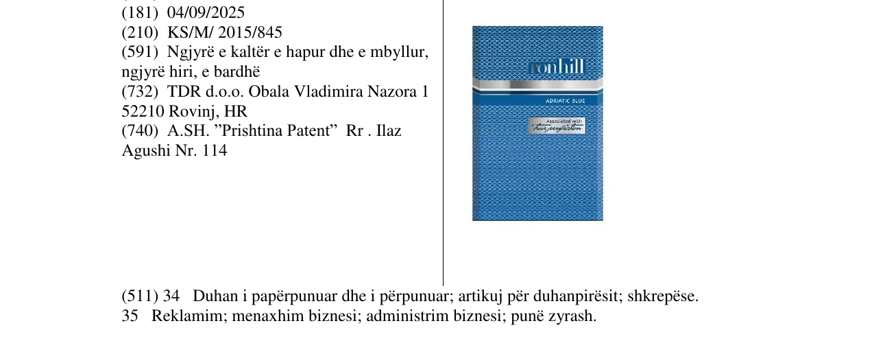 Zëri i markës ronhill ADRIATIC BLUE në buletin