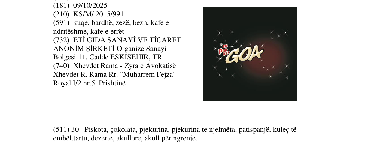Zëri i markës ETi pop kek GOA në buletin