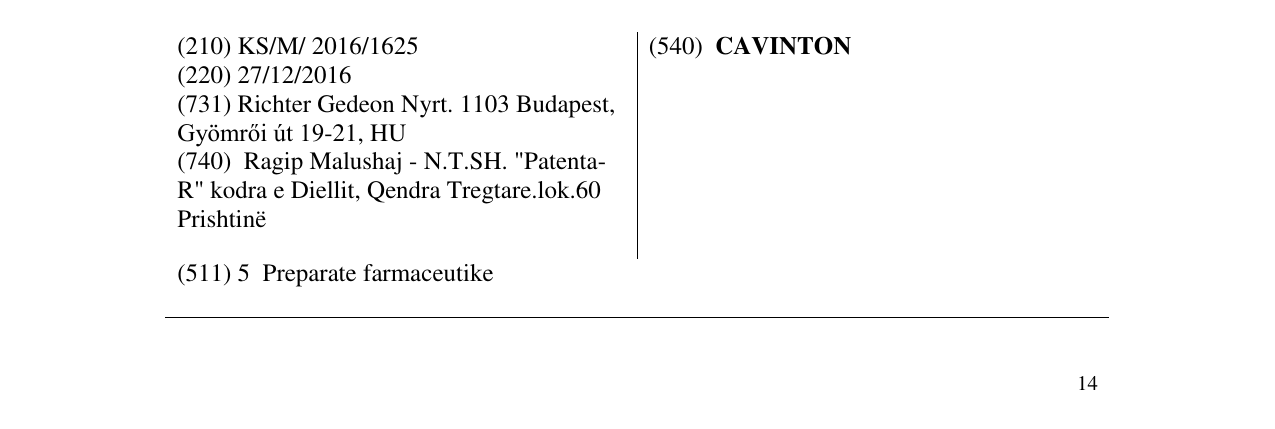 Zëri i markës CAVINTON në buletin
