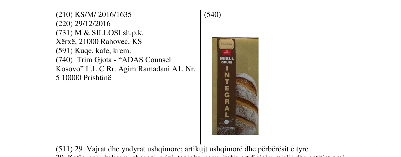 Zëri i markës Miell Gruri INTEGRAL në buletin