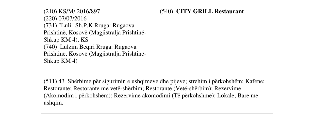 Zëri i markës CITY GRILL Restaurant në buletin