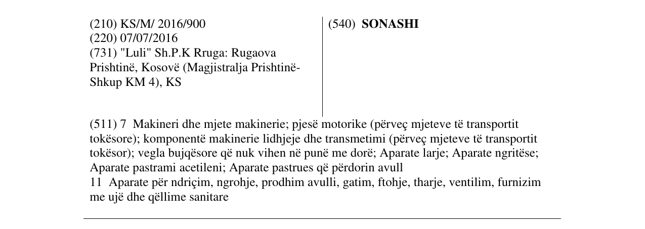 Zëri i markës SONASHI në buletin
