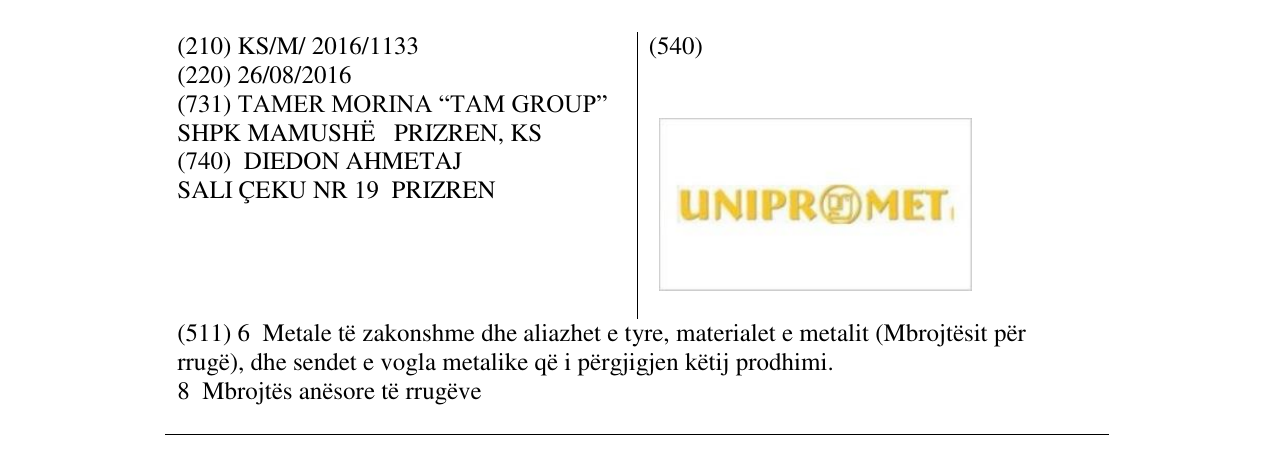 Zëri i markës UNIPROMET në buletin