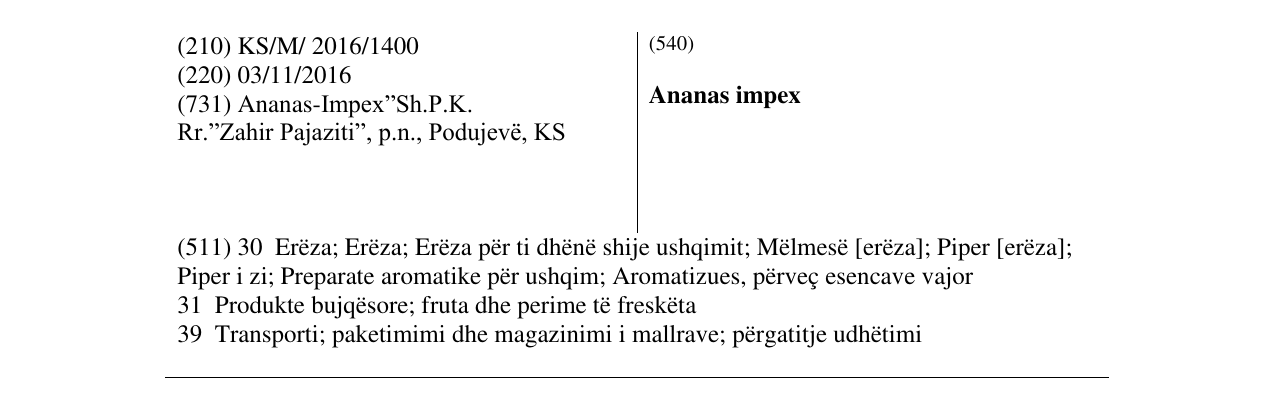 Zëri i markës Ananas impex në buletin