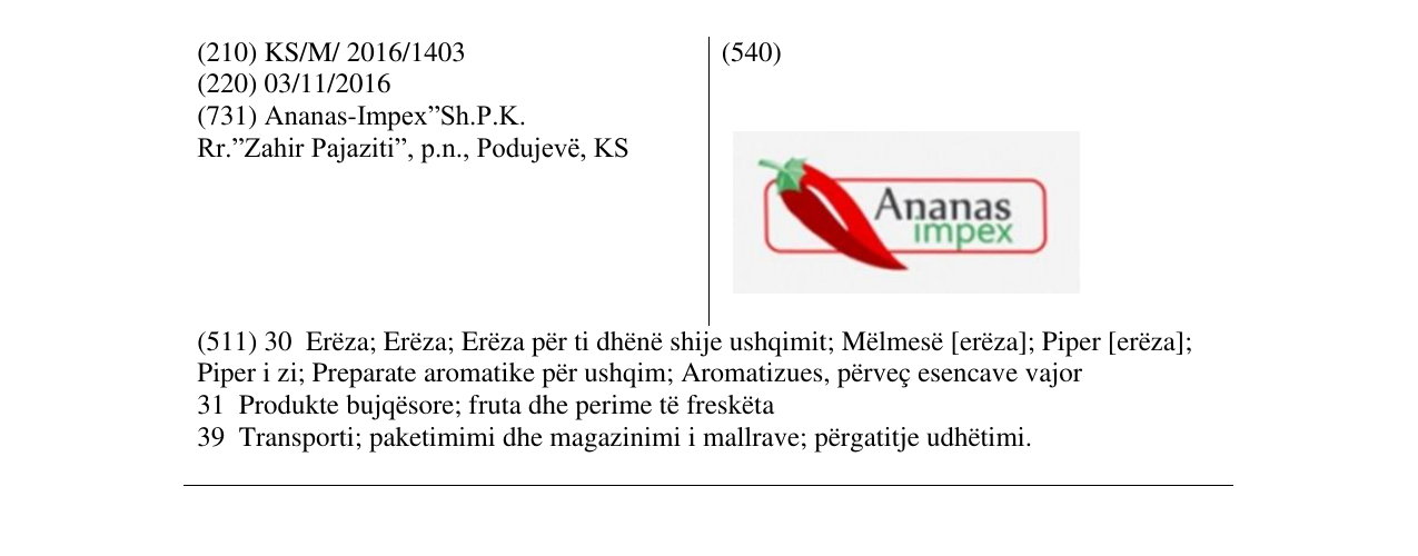 Zëri i markës Ananas Impex në buletin