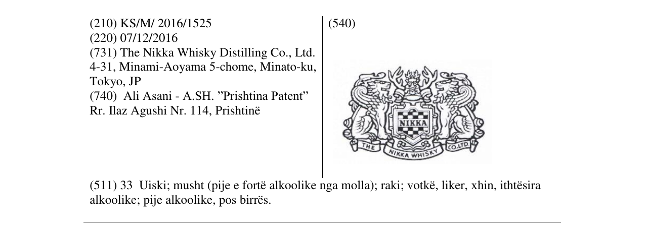 Zëri i markës NIKKA THE NIKKA WHISKY CO.LTD në buletin