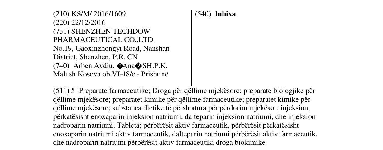 Zëri i markës Inhixa në buletin