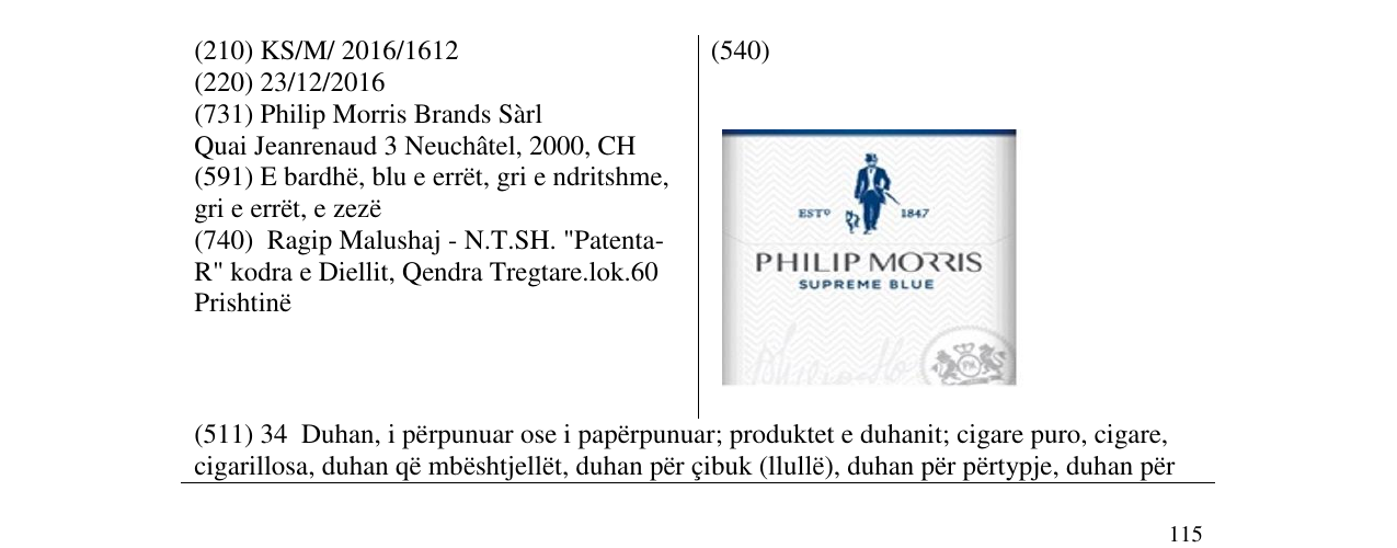 Zëri i markës PHILIP MORRIS SUPREME BLUE në buletin