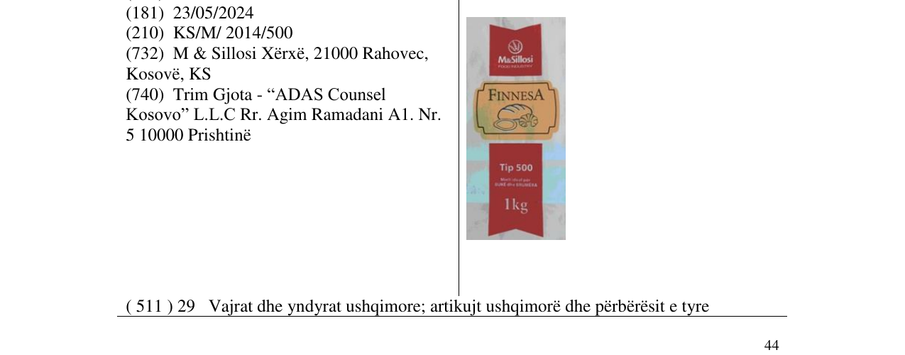Zëri i markës FINNESA Tip 500 1 kg në buletin