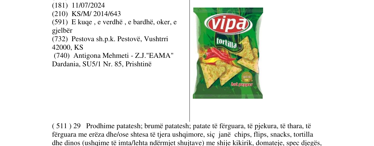Zëri i markës Vipa tortilla në buletin