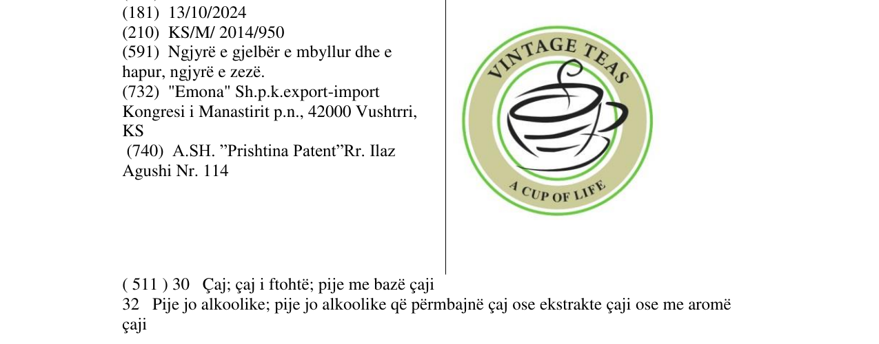 Zëri i markës VINTAGE TEAS A CUP OF LIFE në buletin