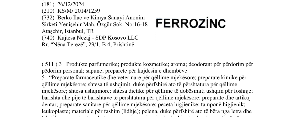 Zëri i markës FERROZINC në buletin