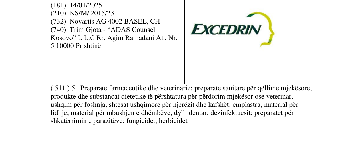 Zëri i markës EXCEDRIN në buletin