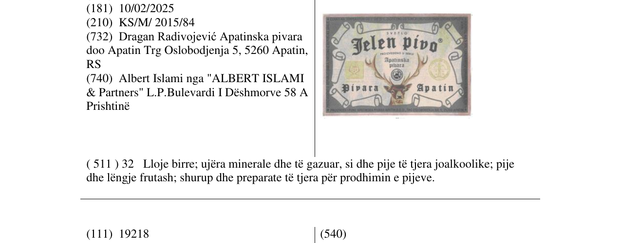 Zëri i markës Jelen pivo në buletin