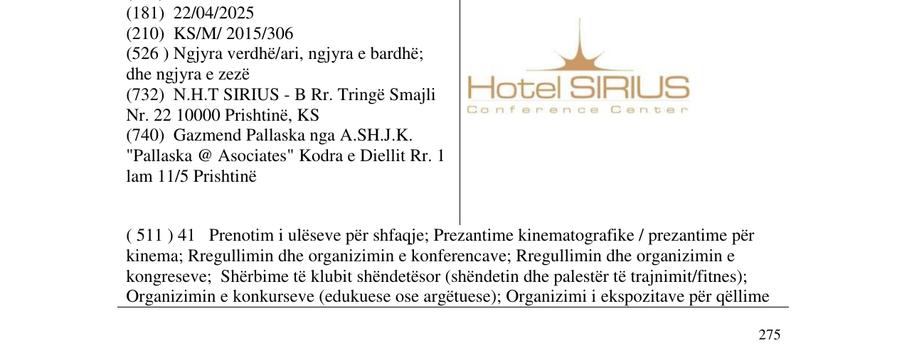 Zëri i markës Hotel SIRIUS në buletin