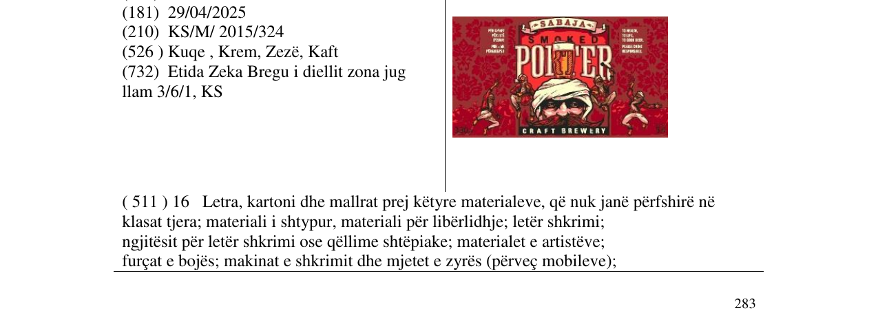 Zëri i markës SABAJA PORTER në buletin
