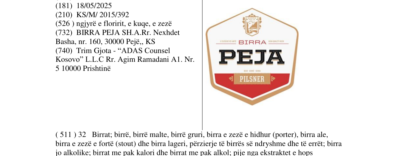 Zëri i markës BIRRA PEJA PILSNER në buletin