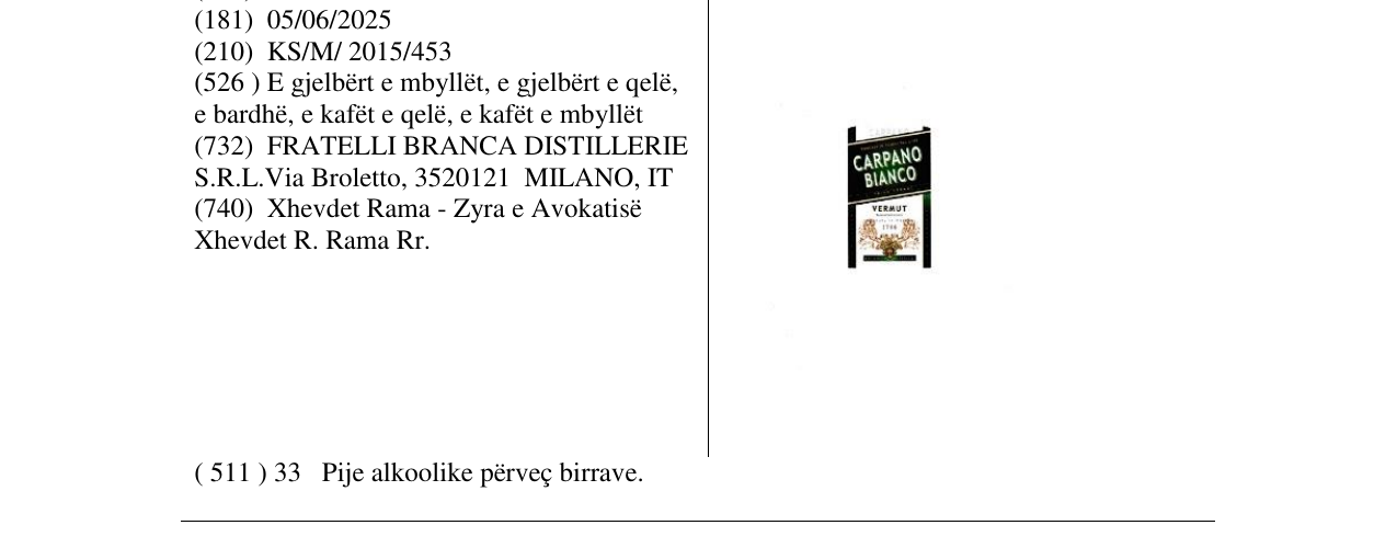 Zëri i markës CARPANO BIANCO në buletin