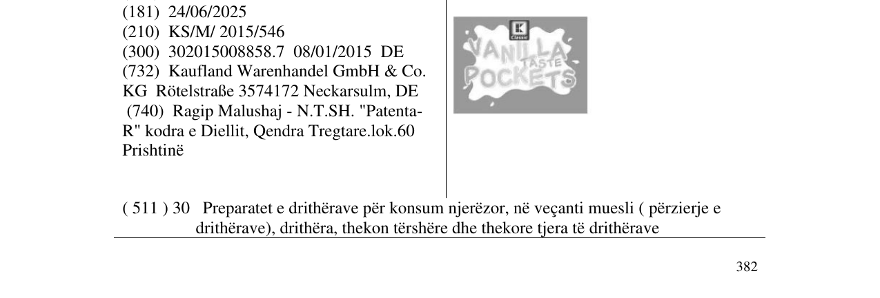 Zëri i markës VANILLA TASTE POCKETS në buletin