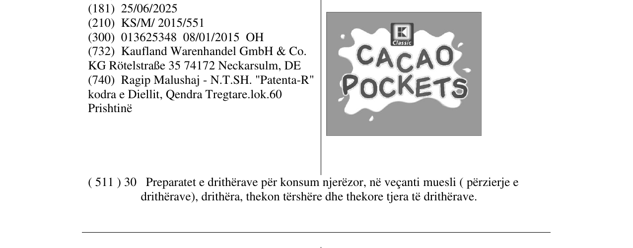 Zëri i markës CACAO POCKETS në buletin
