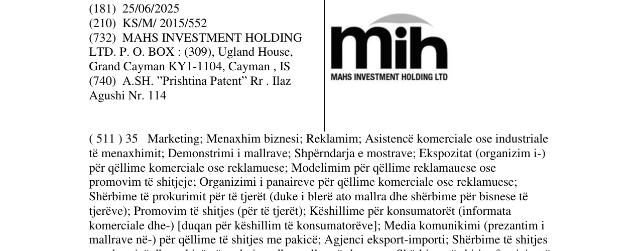 Zëri i markës mih MAHS INVESTMENT HOLDING LTD në buletin