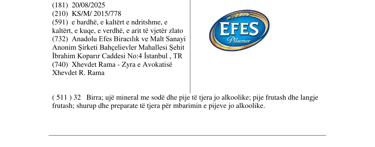 Zëri i markës EFES Pilsener në buletin
