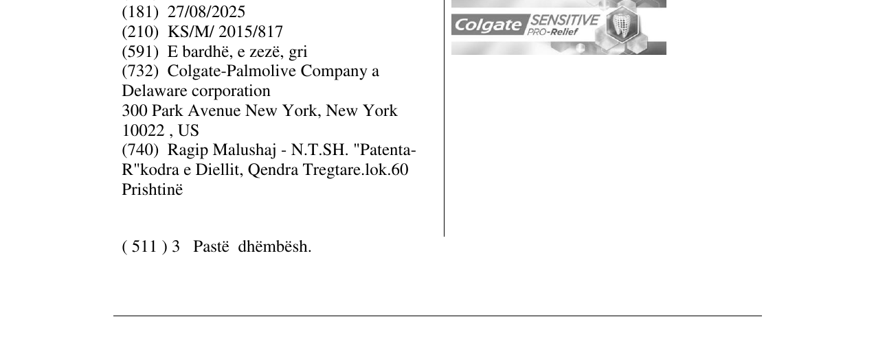 Zëri i markës Colgate SENSITIVE PRO-Relief në buletin