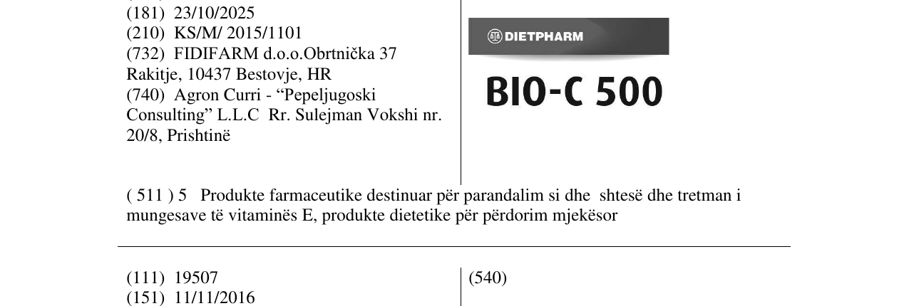 Zëri i markës DIETPHARM BIO-C 500 në buletin